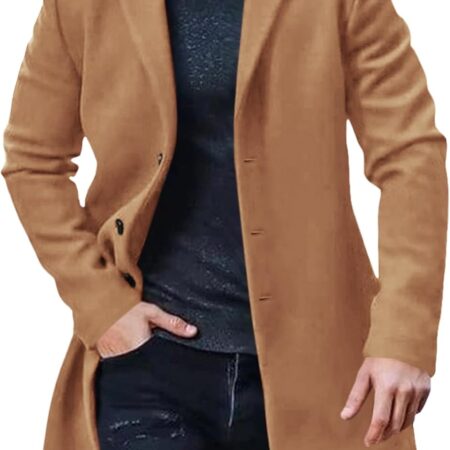 Men's Trench Coat Slim Fit Notch Lapel Single Breasted Top Coat Winter Warm Cotton Business Long Jacket Overcoat