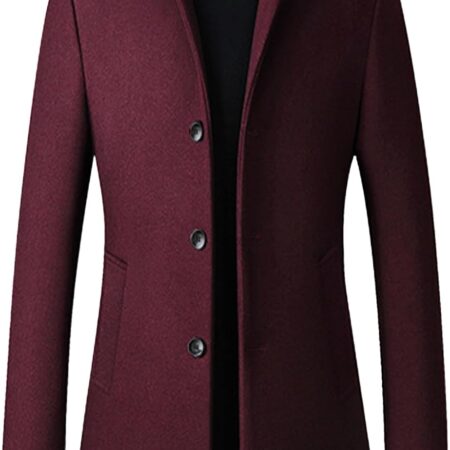 Men's Trench Coat Wool Blend Slim Fit Top Coat Single Breasted Business Overcoat