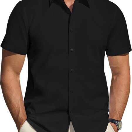 Men's Short  Dress Shirts Stretch Stain Shield Casual Button Down Shirts Solid Formal Shirt