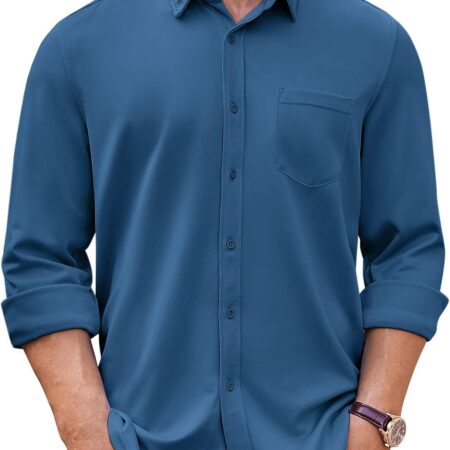 Men's Long Sleeve Button Down Shirt Wrinkle Free Casual Shirt for Men Untucked Shirts with Pocket for Wedding